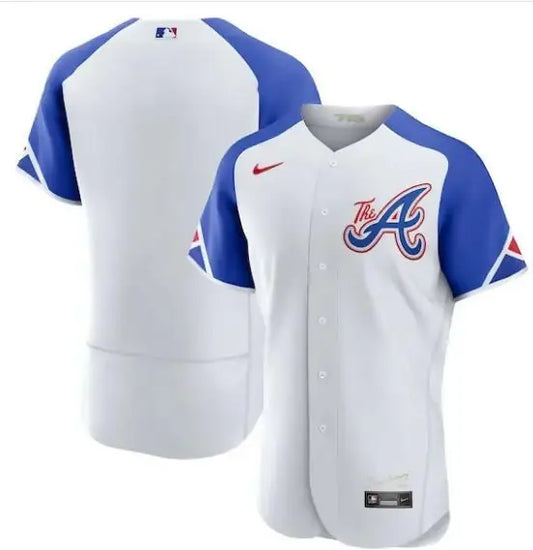 White and blue Atlanta Braves Nike City Connect Authentic Jersey on display