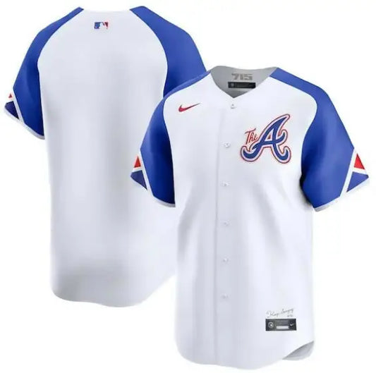 White baseball jersey with blue sleeves Atlanta Braves Nike City Connect Custom Jersey