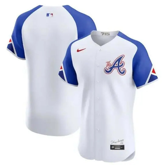 White and blue Atlanta Braves Nike City Connect Elite baseball jersey displayed