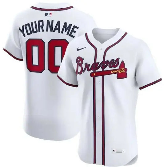 White Atlanta Braves Nike Home Elite Custom Baseball Jersey shown in product image