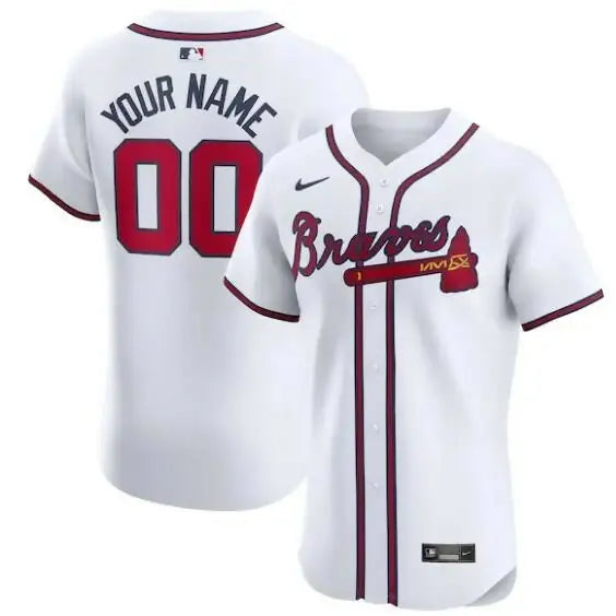 Atlanta Braves Nike Home Elite Custom Jersey in white displayed for fans