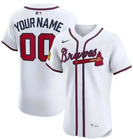 White Atlanta Braves Nike Home Elite Sponsor Patch Custom Jersey for baseball fans
