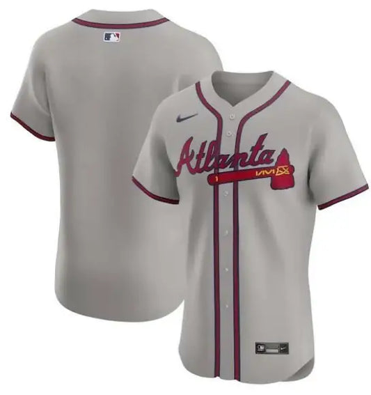 Gray Atlanta Braves Nike Road Elite Jersey displayed for fans