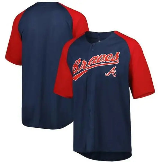 Atlanta Braves navy button-down raglan fashion jersey displayed in product image