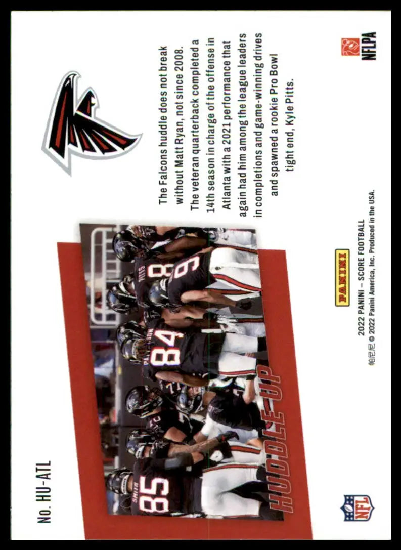 Football trading card featuring Atlanta Falcons 2022 Score Huddle Up #HU-ATL