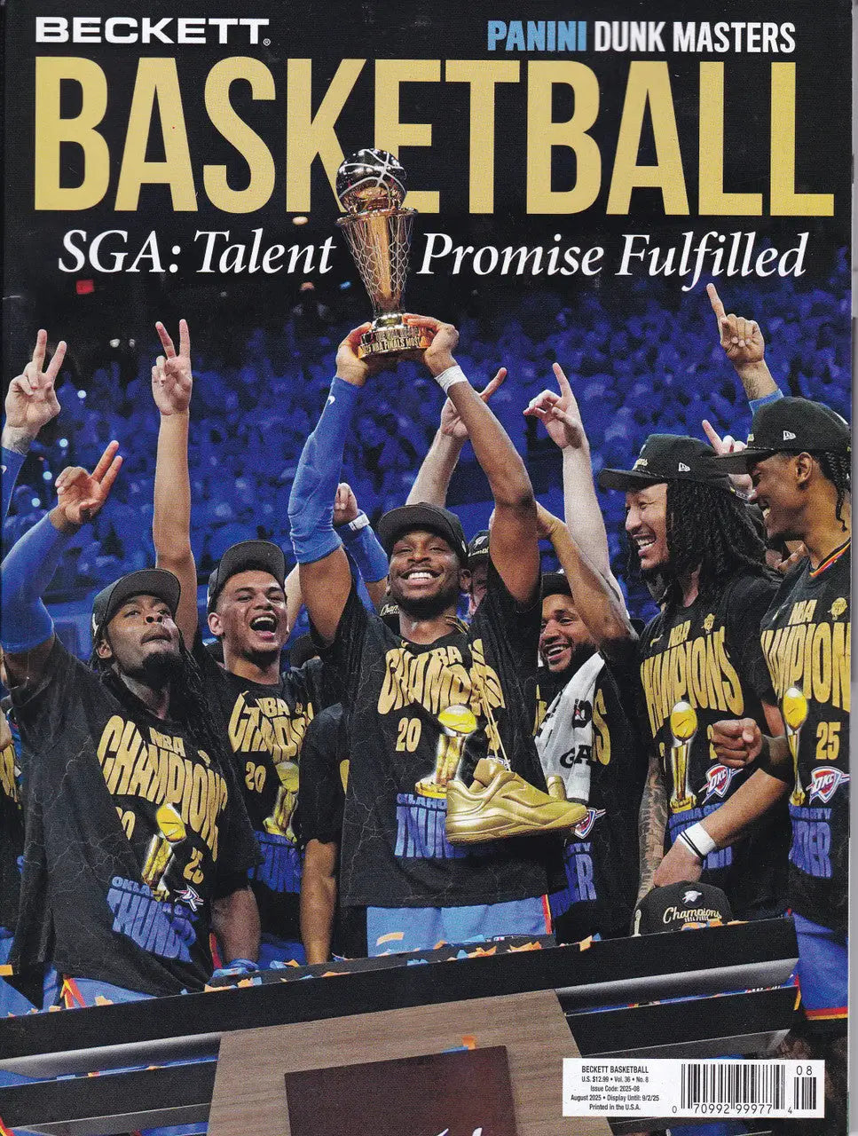 Basketball magazine cover featuring August 2025 issue of Beckett Monthly Guide with SGA and OKC Champs