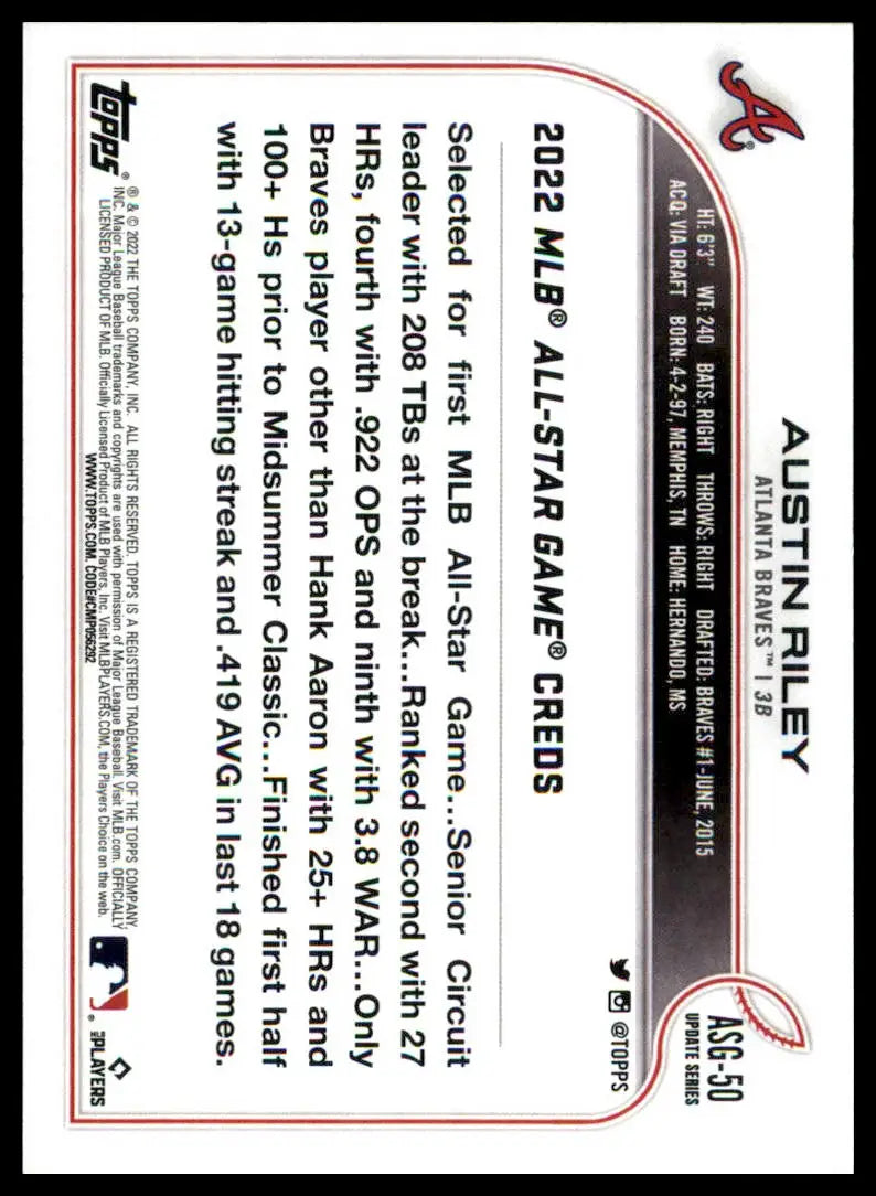 Baseball card back featuring Austin Riley from 2022 Topps Update MLB All-Star Game