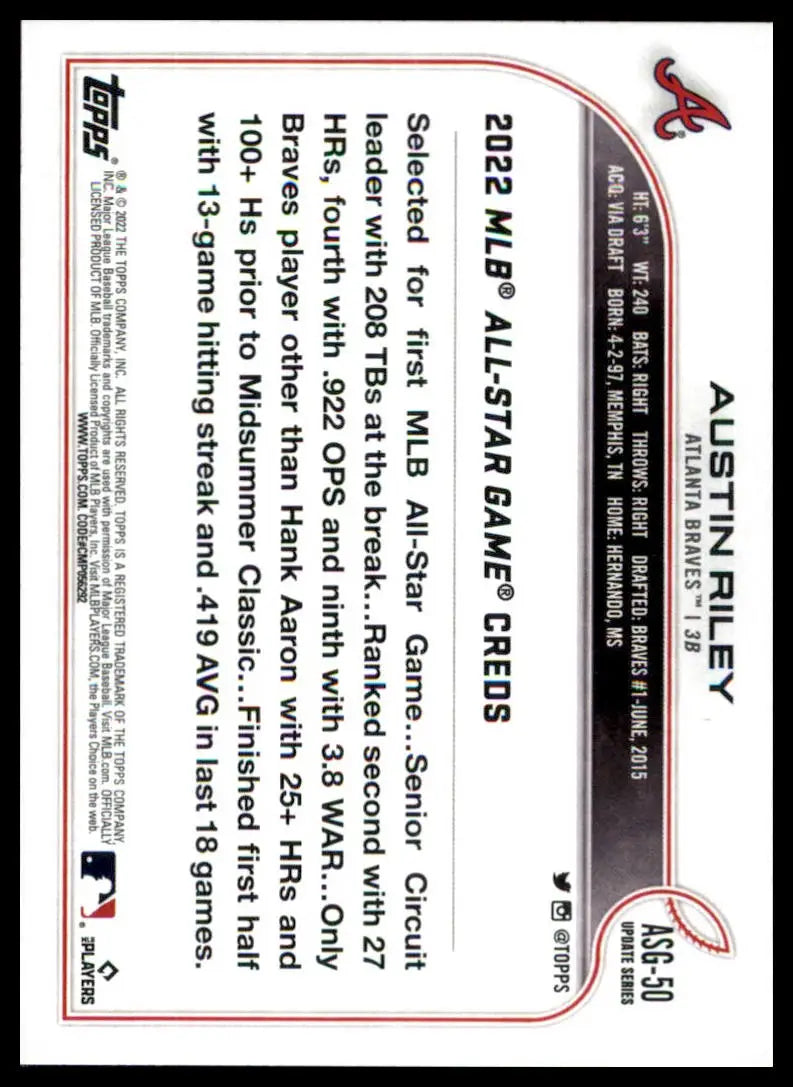 Baseball card back featuring Austin Riley from 2022 Topps Update MLB All-Star Game card