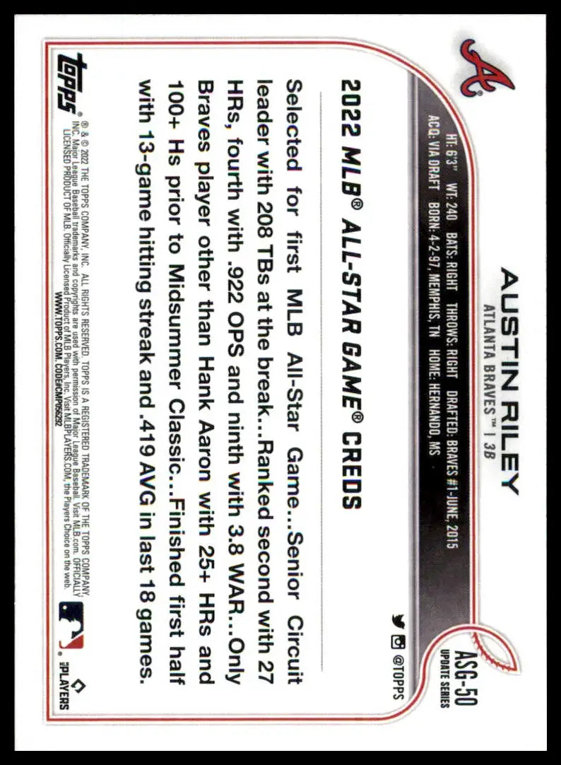Baseball card of Austin Riley from 2022 Topps Update MLB All-Star Game series