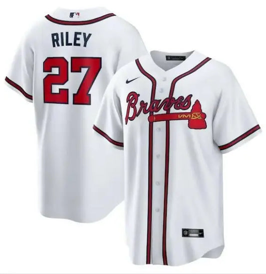 White Atlanta Braves Nike Home Replica Player Jersey featuring Austin Riley branding