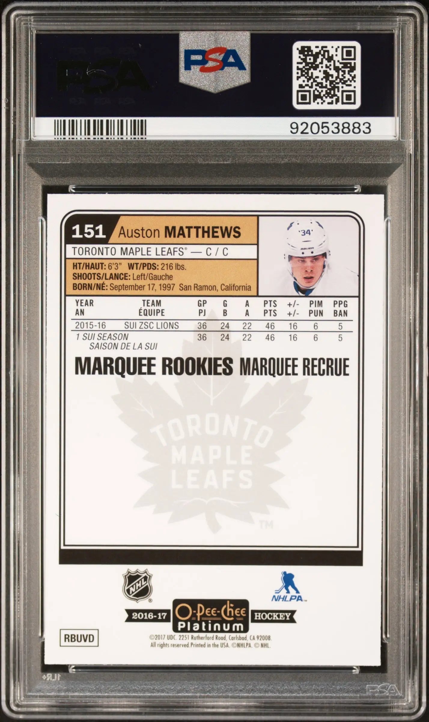 Graded Auston Matthews OPC Platinum hockey trading card in Gem Mint PSA 10 condition