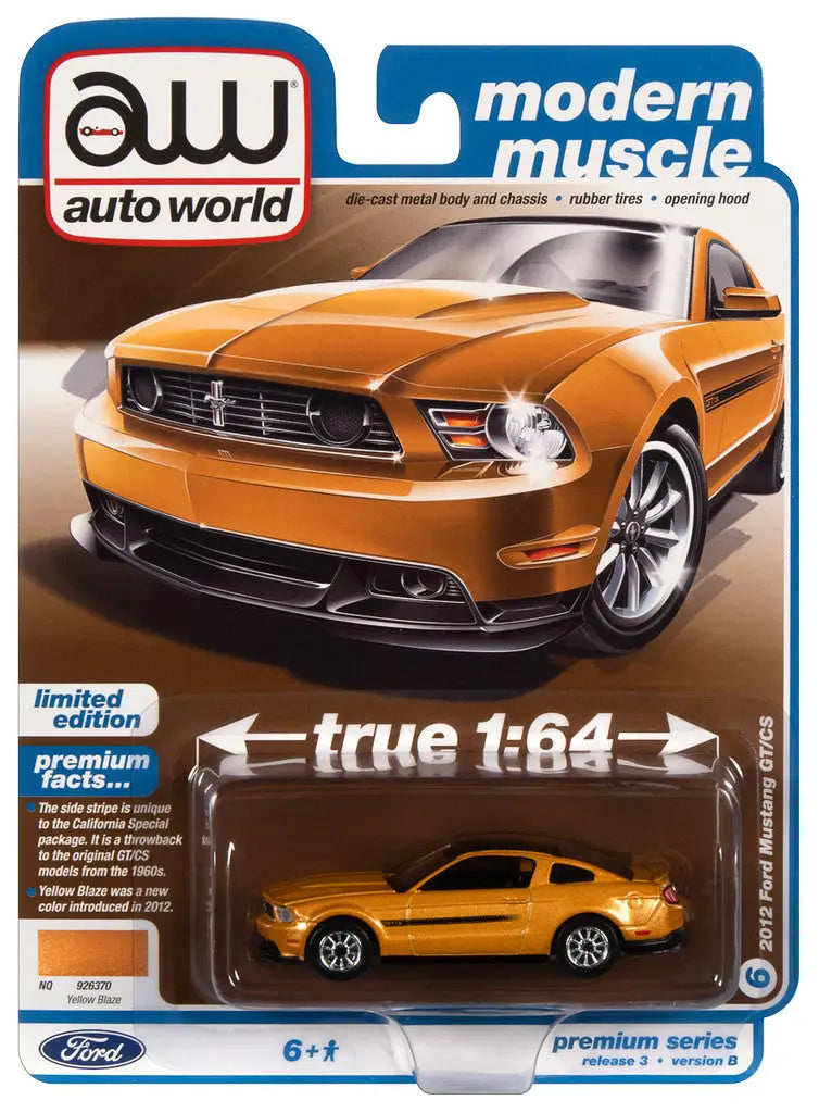 Die-cast model of a Yellow Ford Mustang GT Series B from Auto World in 1:64 scale