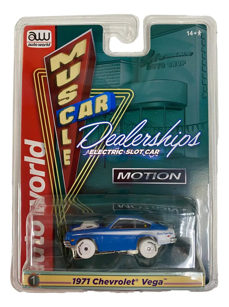 Packaged 1971 Chevrolet Vega model in blue from Auto World Muscle Car Dealerships