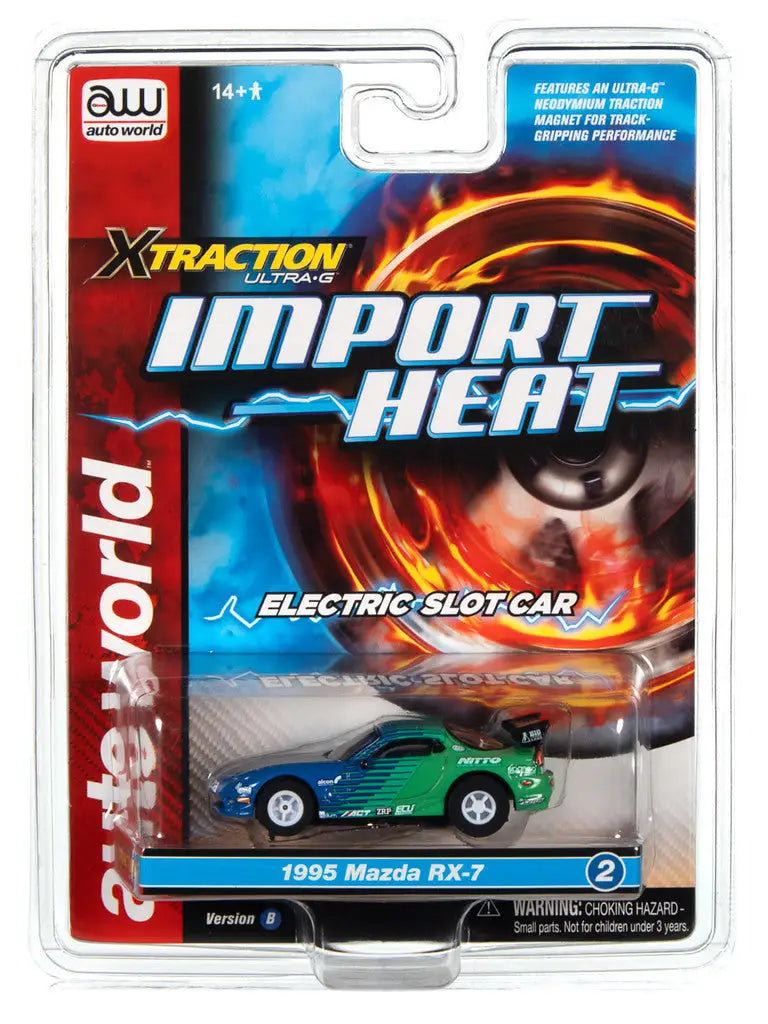 Packaged Auto World SC378 Xtraction UltraG Slot Car model of 1995 Mazda RX-7 in green and blue