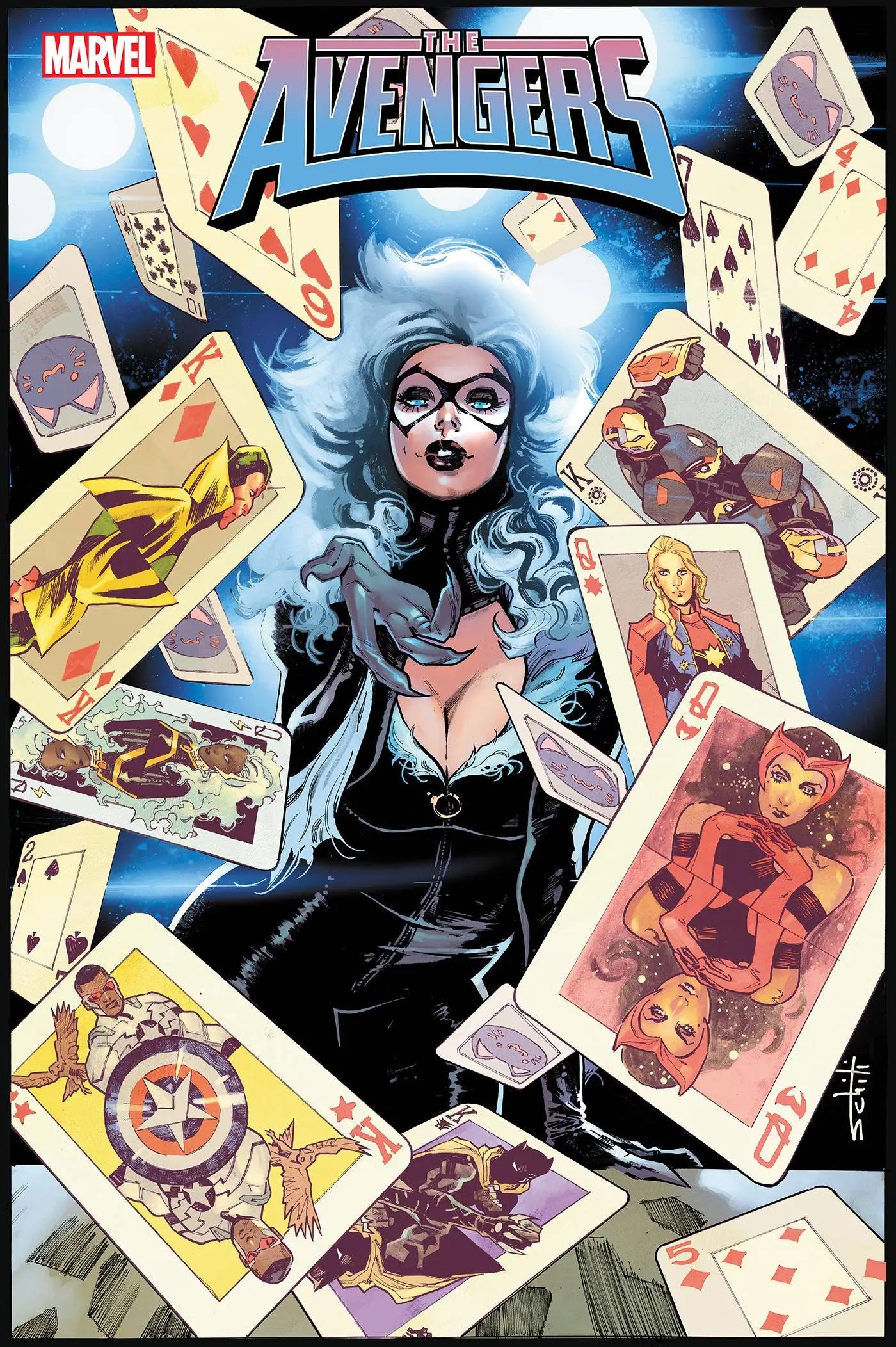 Comic book cover of Avengers #22 with blue-haired character and floating trading cards