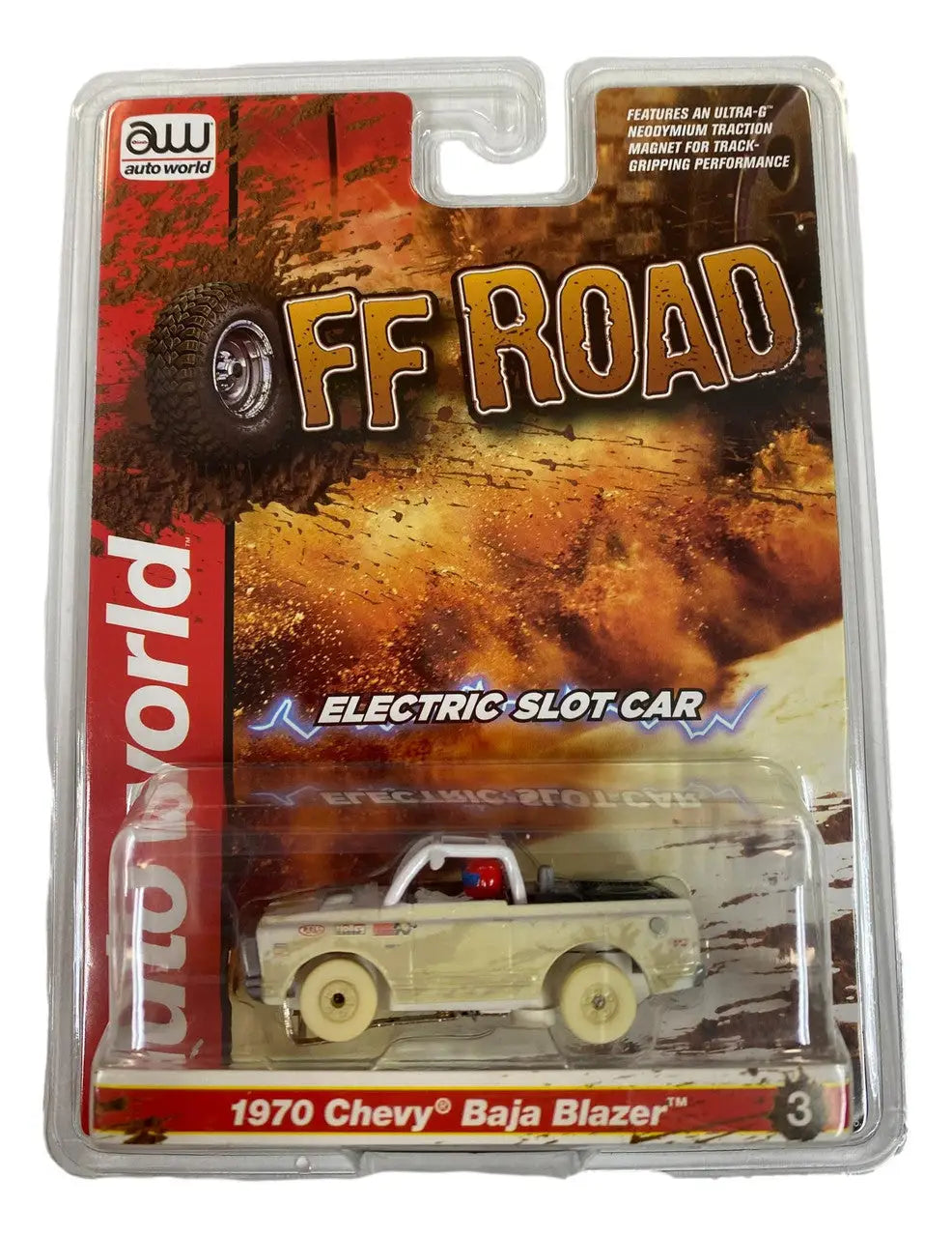 Packaged toy model of a 1970 Chevy Baja Blazer for the SC375 R1 Slot Car CHASE