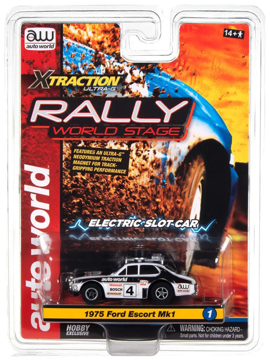 Packaged toy rally car model of 1975 Ford Escort Mk1 for AW Rally World Stage SC403 R1 Slot