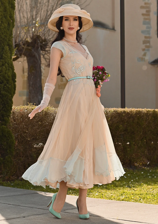 LAST ONES! SM(4) & XLG(14) ONLY - Nataya Nude/Mint, Multi-Use Silk Stitched, "Ayla" Day Dress Party, Cocktail Women's Apparel