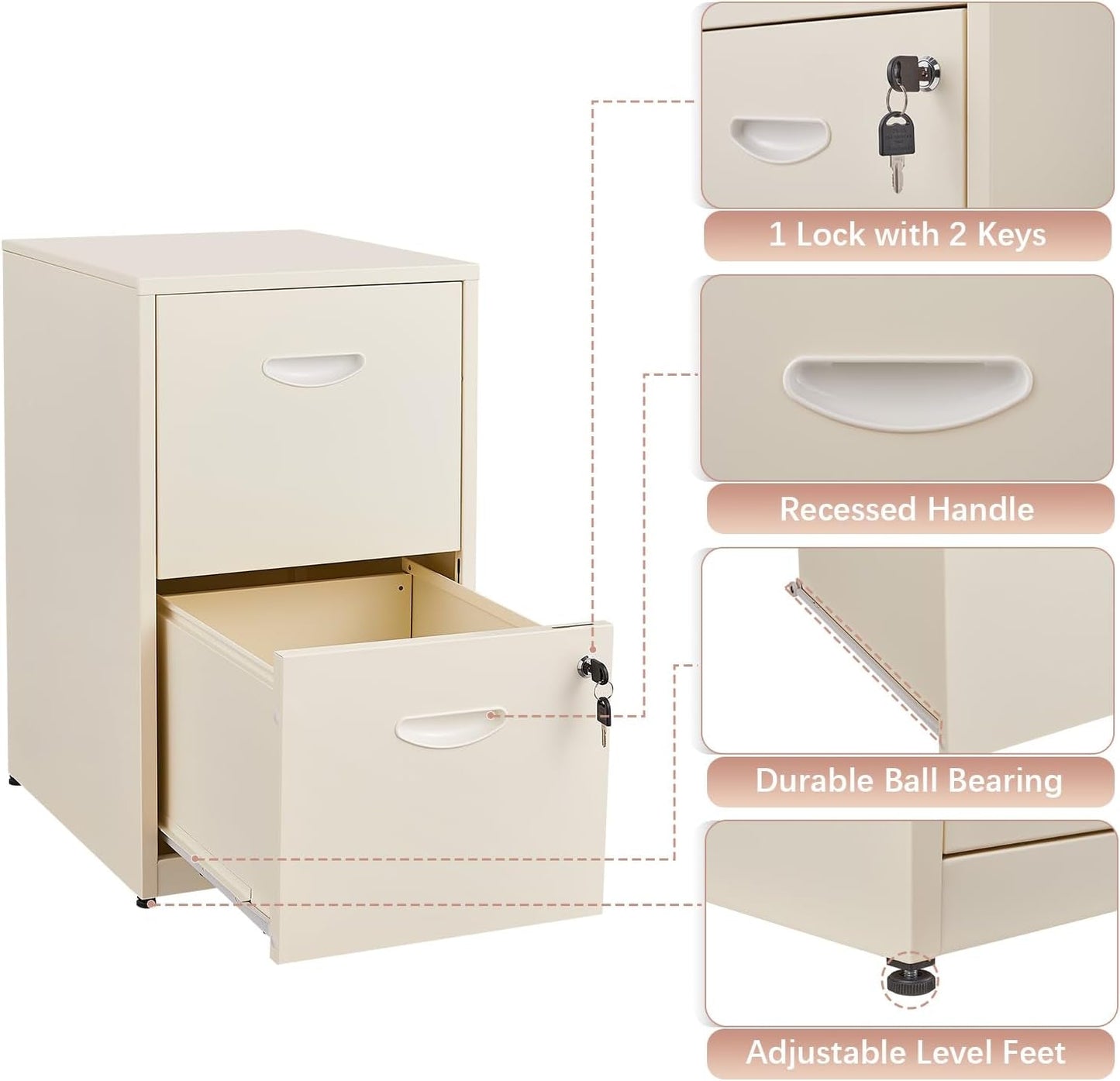 Metal 2 Drawer File Cabinet, Vertical File Cabinet with Lock, Filing Cabinets for Hanging Letter Size, Cream Locking File Cabin, Light Duty Storage Cabinet for Home Office - Assembly Required-4
