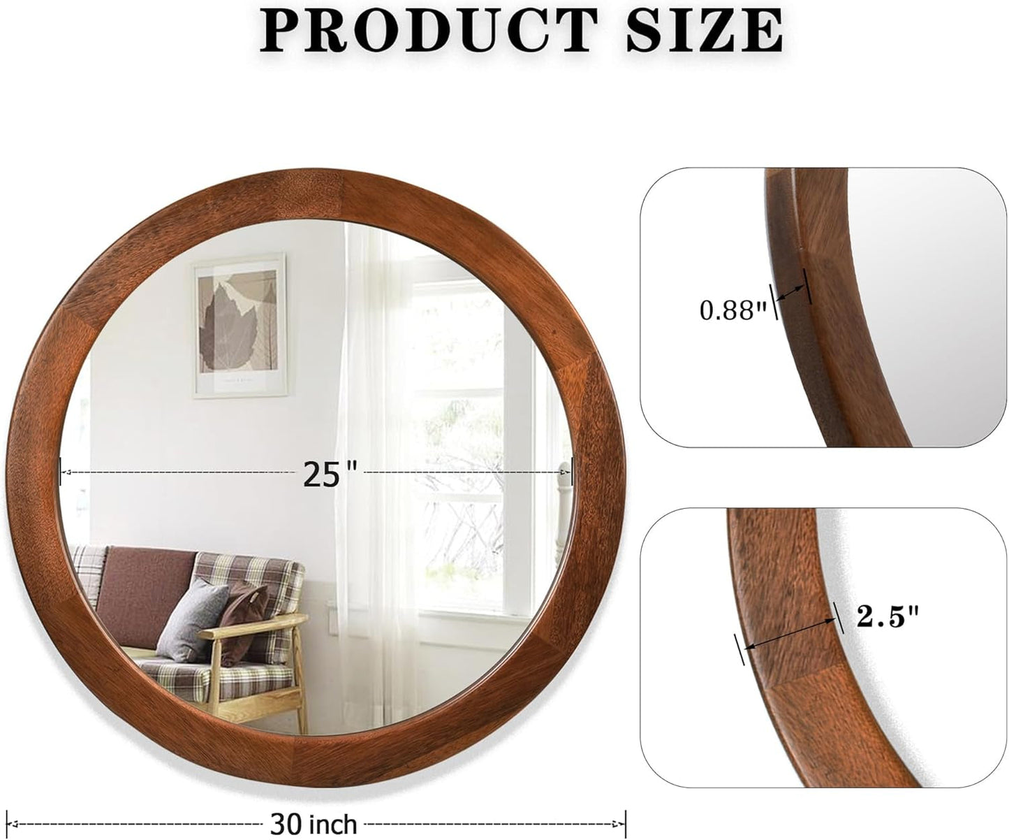 30" Walnut Wood Round Wall Mirror: Rustic Style-4