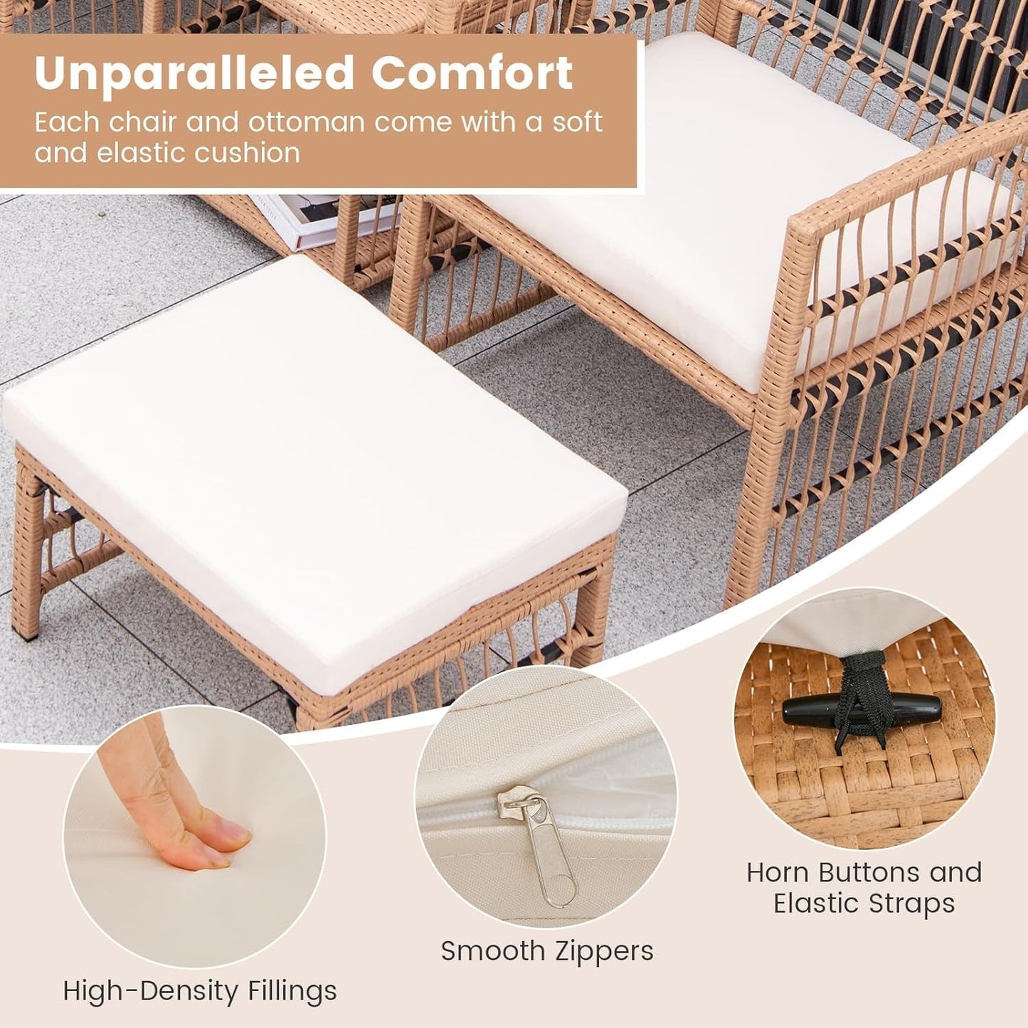 5 Piece Patio Wicker Sofa Set, Outdoor Rattan Conversation Set with Seat Cushions, 2-Tier Coffee Table & 2 Ottomans, Wicker Sofa Set for Backyard, Poolside (Natural)-4