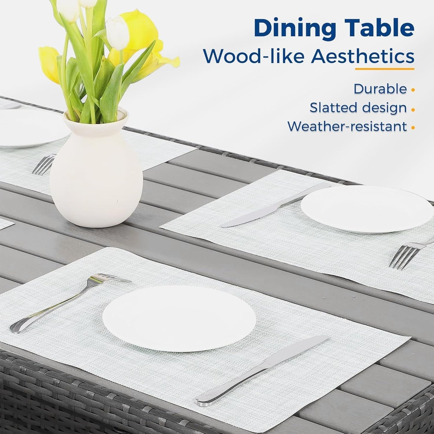 Outdoor Patio Furniture Set, 7 Piece Outdoor Dining Sectional Sofa with Dining Table and Chair, All Weather Wicker Conversation Set with Ottoman,Blue-3