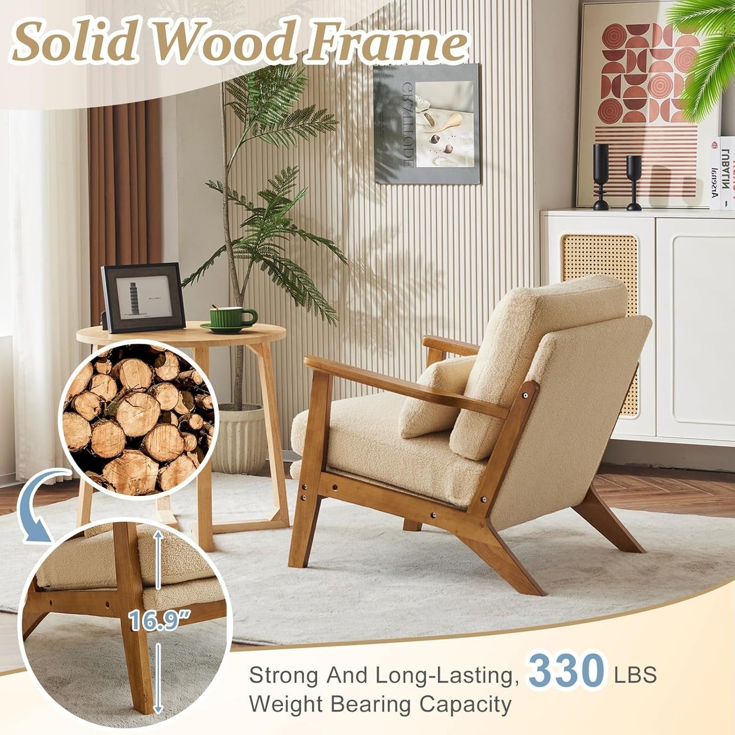 Solid Wood ArmchairWithPillow Khaki Teddy Velvet Upholstery-3