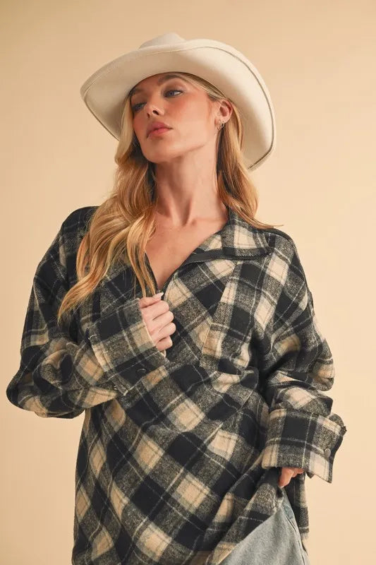 Aemi + Co Slit Plaid Half Zip Drop Shoulder Top