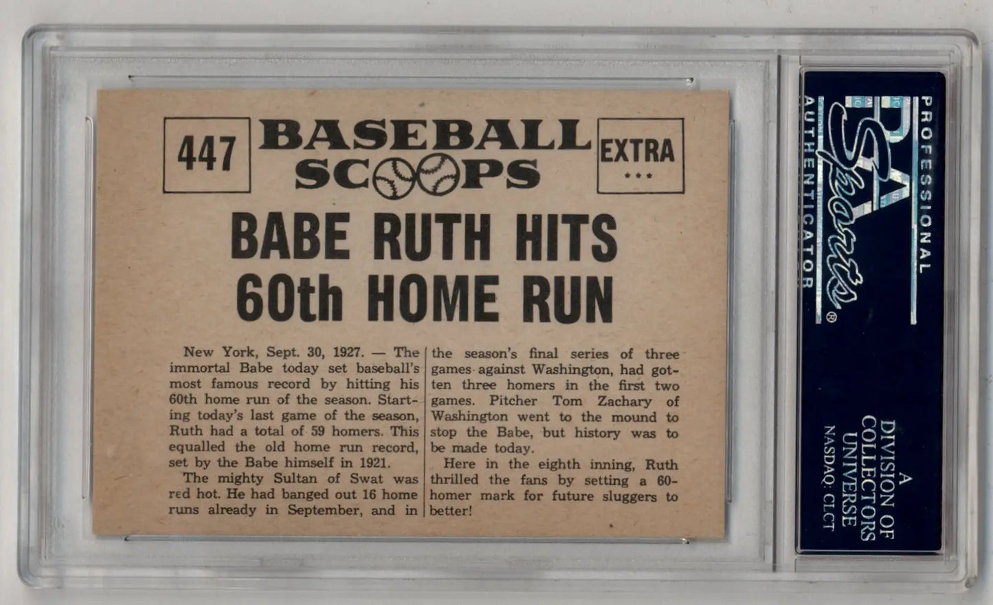 Babe Ruth 60th Home Run Nu-Card Scoops #447 PSA 9 Mint collectible baseball card