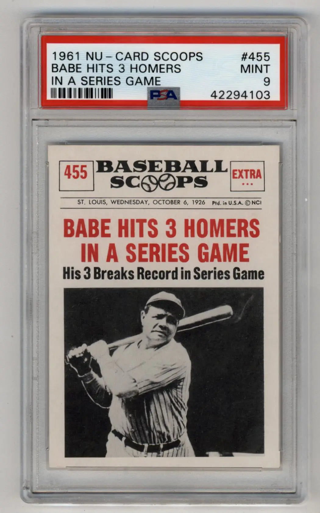 Graded Babe Ruth 1961 Nu-Card Scoops Series Game PSA 9 Mint baseball card