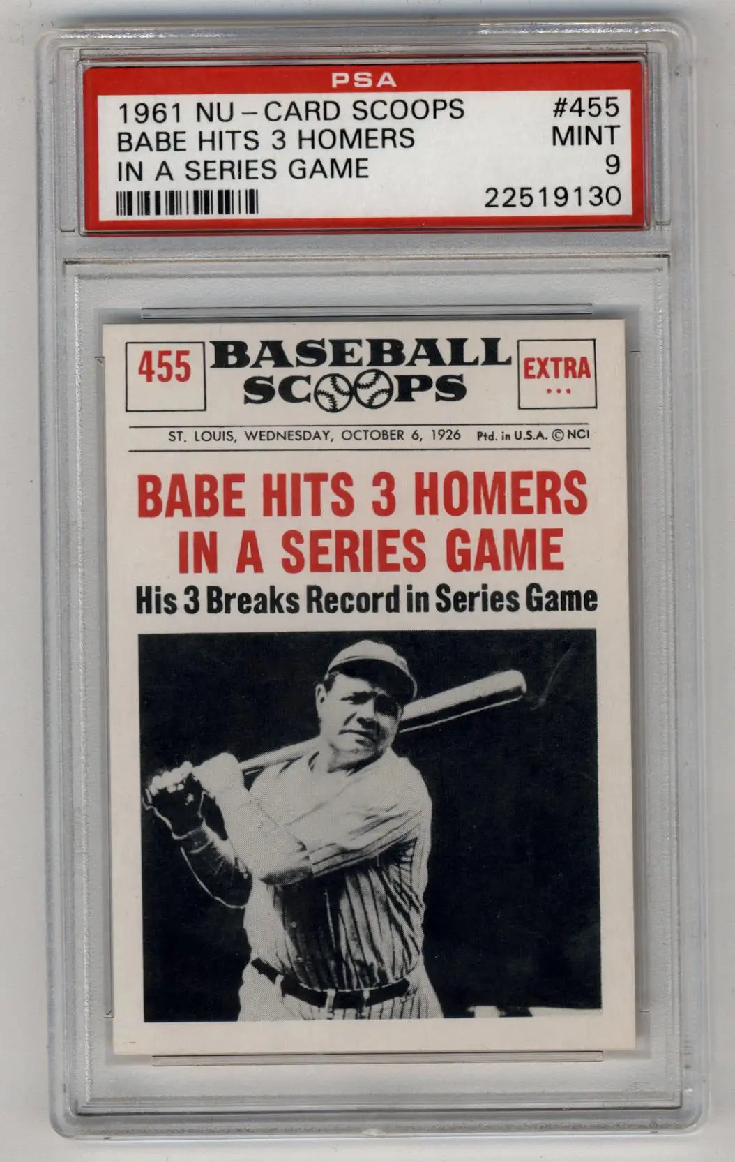 Babe Ruth 1961 Nu-Card Scoops #455 In A Series Game PSA 9 Mint 9130 - Singles