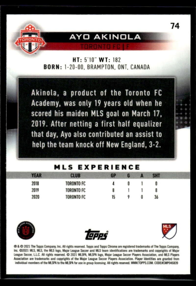 2021 Topps Chrome MLS #74 Ayo Akinola NM-MT Toronto FC RC Soccer Card