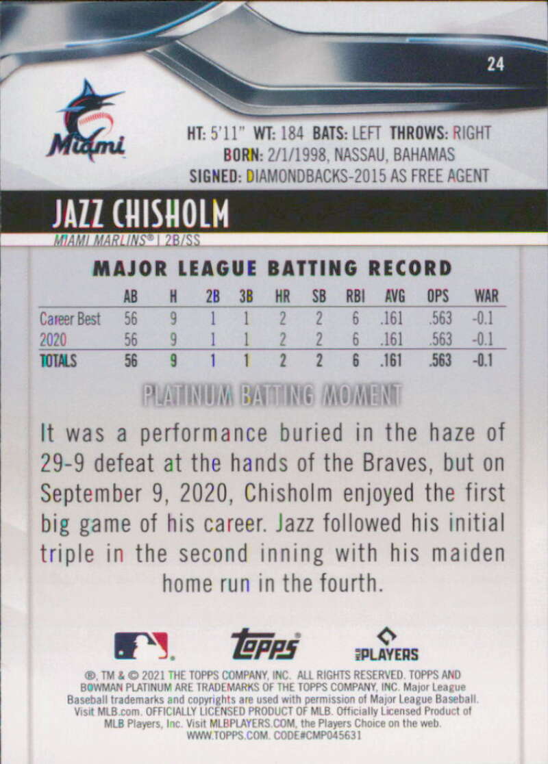 2021 Bowman Platinum #24 Jazz Chisholm NM-MT RC Rookie Miami Marlins Baseball Card Image 2