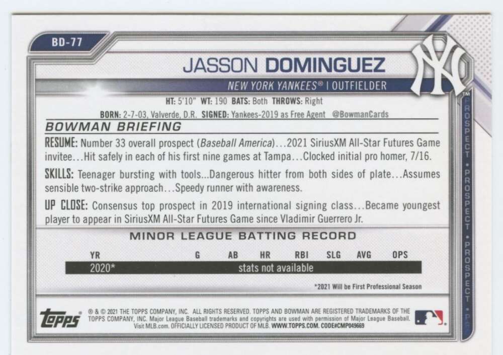 2021 Bowman Draft #BD-77 Jasson Dominguez NM-MT New York Yankees Baseball Card Image 2