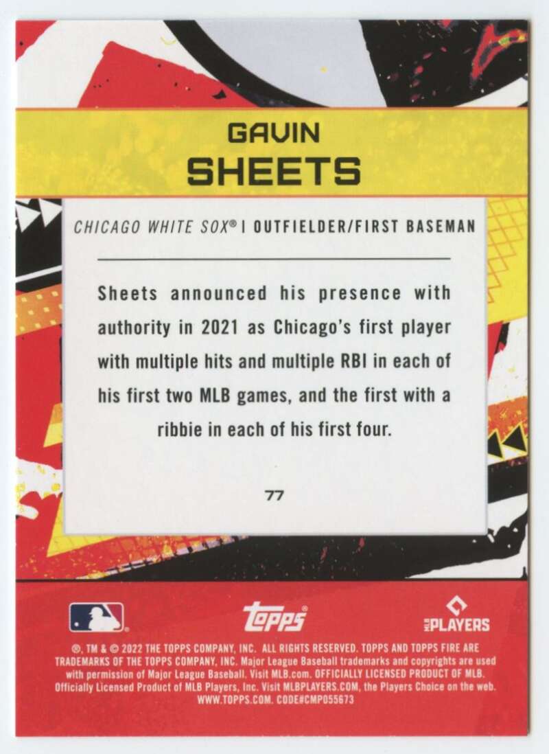 2022 Topps Fire #77 Gavin Sheets NM-MT RC Rookie Chicago White Sox Baseball Card Image 2