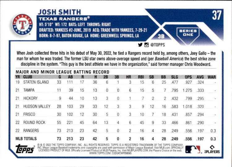 2023 Topps #37 Josh Smith NM-MT RC Rookie Texas Rangers Baseball Card Image 2