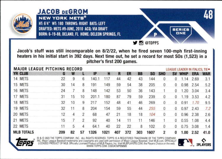 2023 Topps #48 Jacob deGrom NM-MT New York Mets Baseball Card Image 2