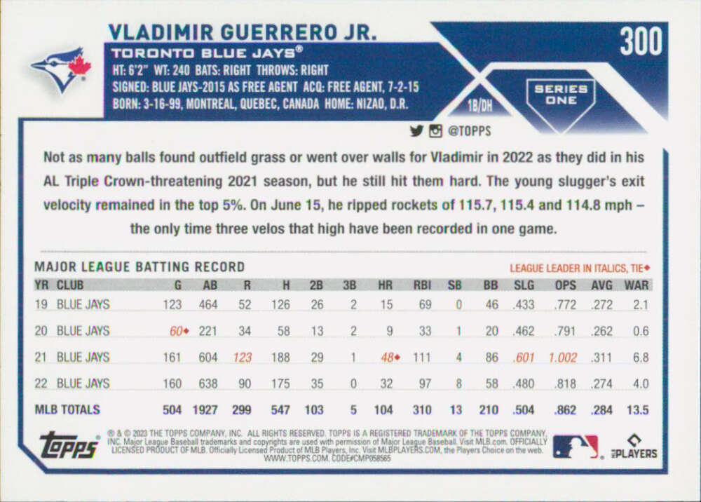 2023 Topps #300 Vladimir Guerrero Jr. NM-MT Toronto Blue Jays Baseball Card Image 2