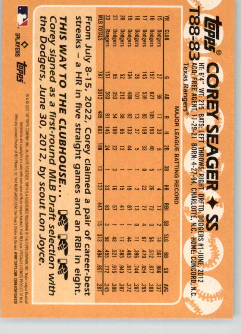 2023 Topps 1988 Baseball #T88-83 Corey Seager NM-MT Texas Rangers Baseball Card Image 2