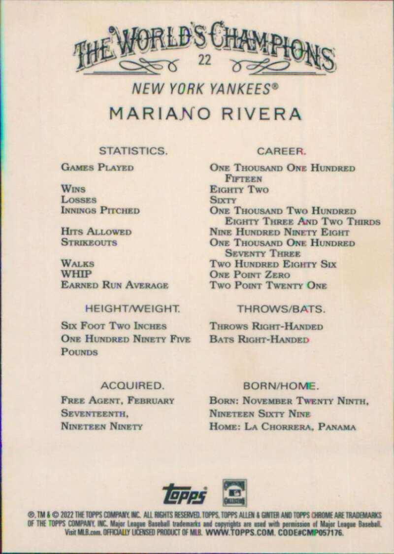 2022 Topps Allen and Ginter Chrome #22 Mariano Rivera NM-MT New York Yankees Baseball Card Image 2