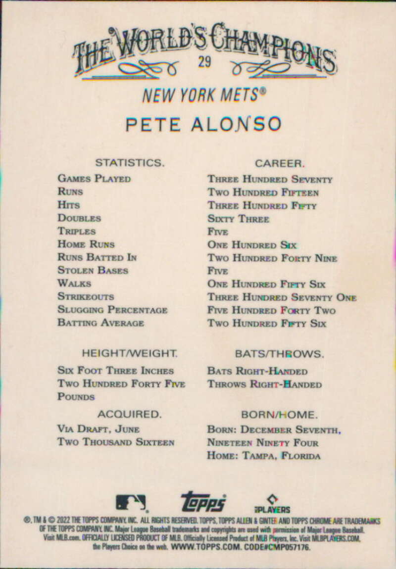 2022 Topps Allen and Ginter Chrome #29 Pete Alonso NM-MT New York Mets Baseball Card Image 2