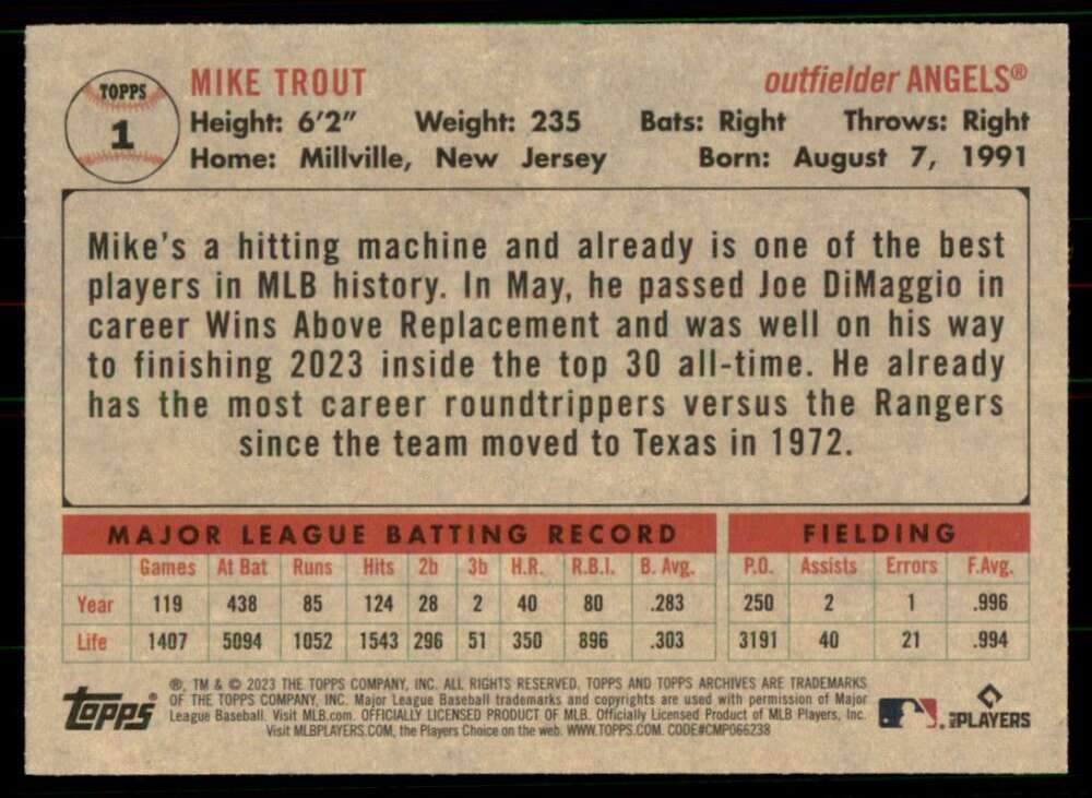2023 Topps Archives #1 Mike Trout NM-MT Los Angeles Angels Baseball Card Image 2