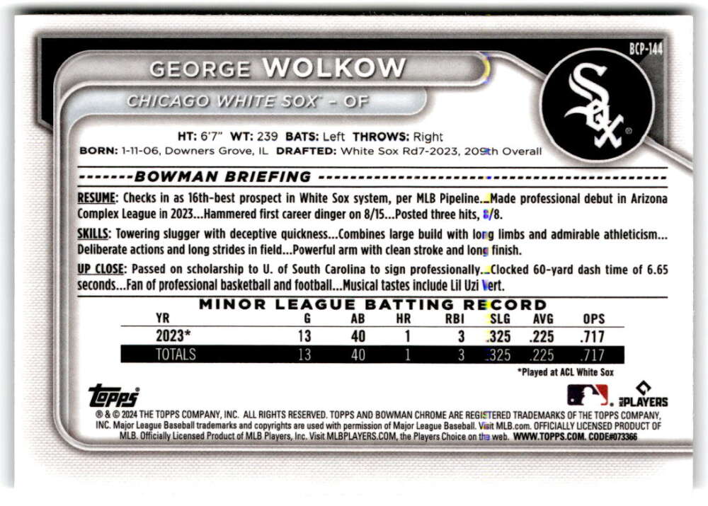 2024 Bowman Mega Box Mojo Prospects Refractor #BCP-144 George Wolkow NM-MT Chicago White Sox Baseball Card Image 2