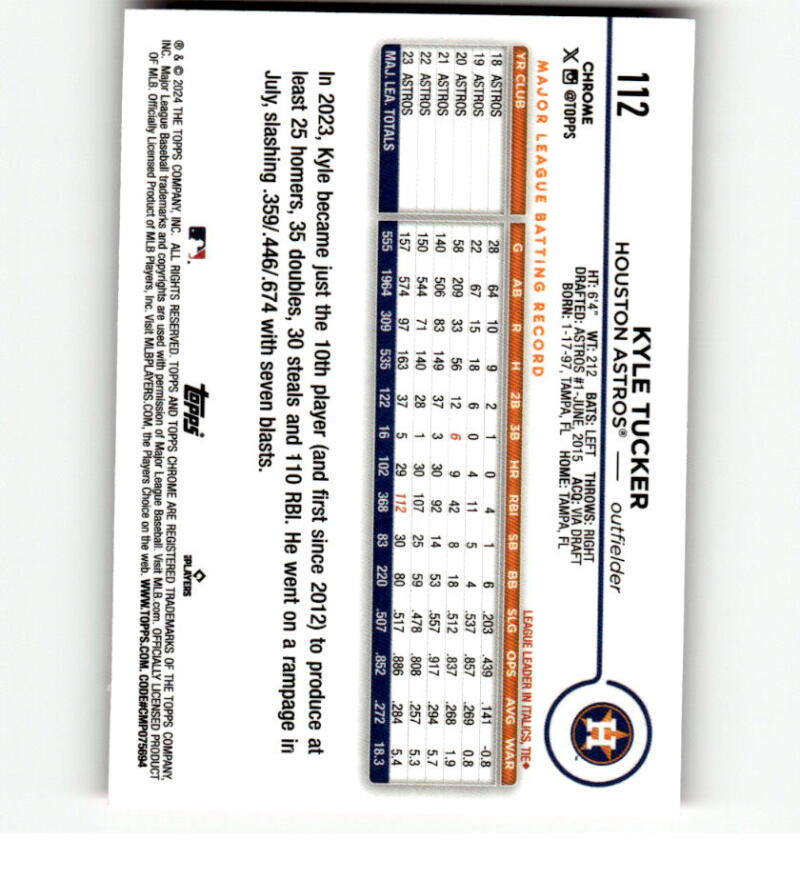 2024 Topps Chrome Refractor Pink #112 Kyle Tucker NM-MT Houston Astros Baseball Card Image 2