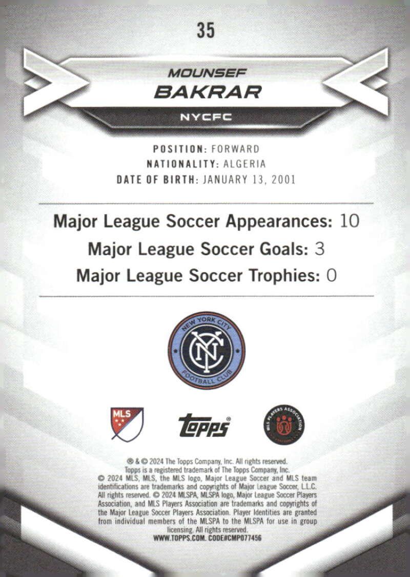 2024 Topps MLS Superstars #35 Mounsef Bakrar NM-MT RC Rookie NYCFC Soccer Card