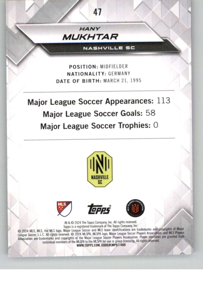 2024 Topps MLS Superstars Common Yellow #47 Hany Mukhtar NM-MT Nashville SC Soccer Card
