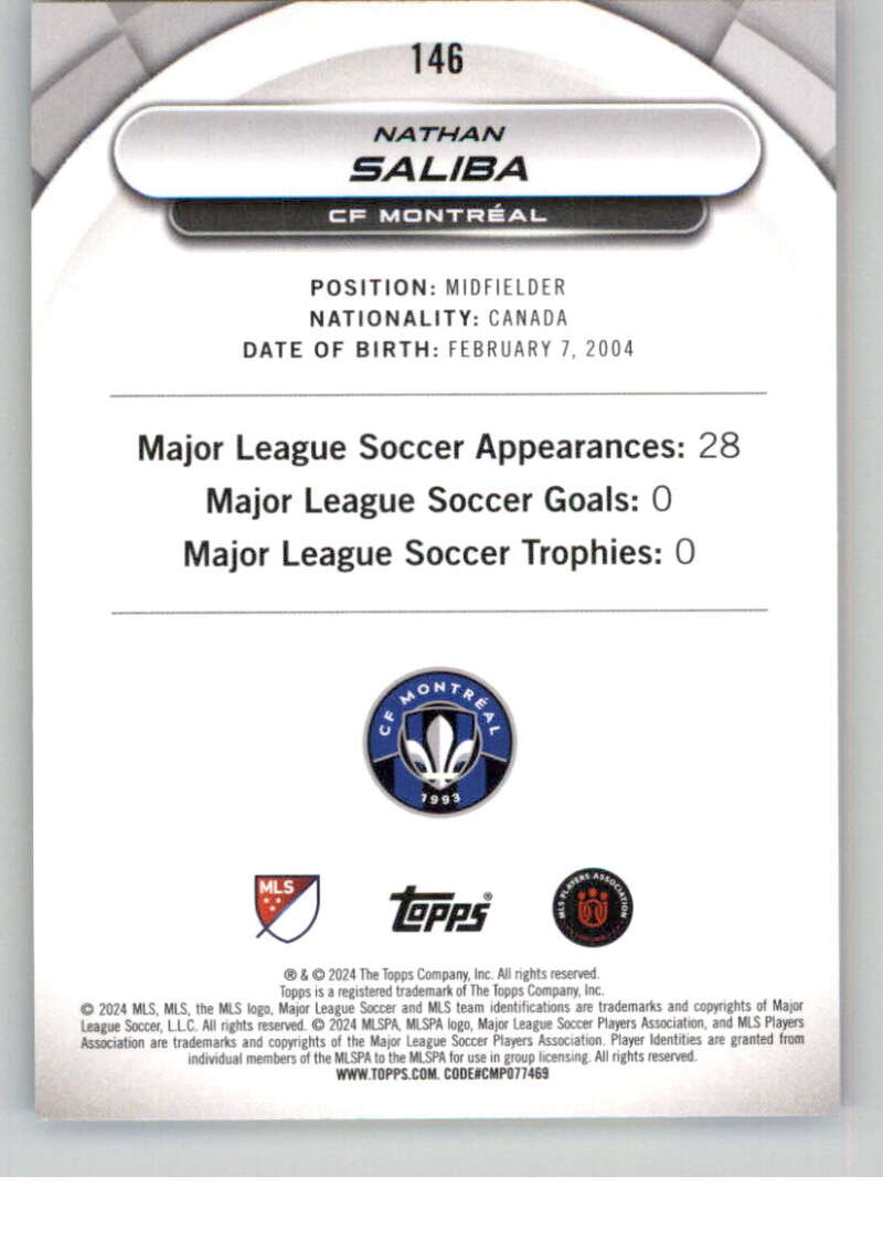 2024 Topps MLS Superstars Common Yellow #146 Nathan Saliba NM-MT RC Rookie CF Montreal Soccer Card