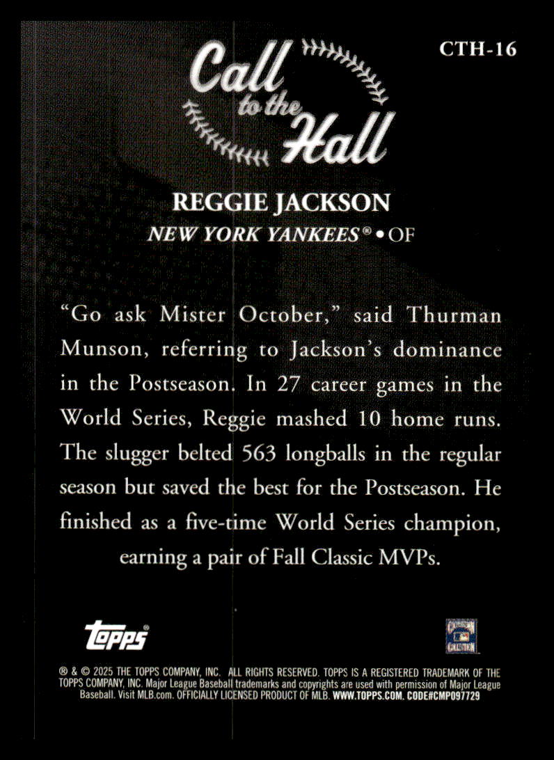 2025 Topps Call to the Hall #CTH-16 Reggie Jackson NM-MT New York Yankees Baseball Card Image 2