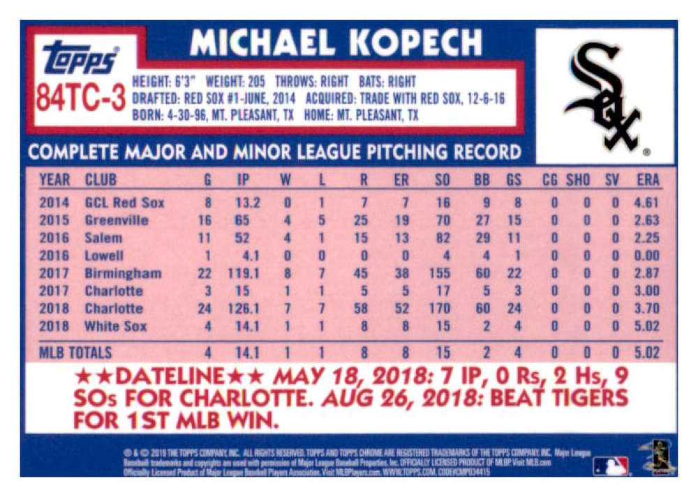 2019 Topps Chrome 1984 Topps Refractors #84TC-3 Michael Kopech NM-MT Chicago White Sox Baseball Card Image 2