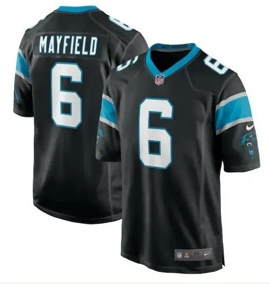 Black NFL football jersey with blue and white accents for Baker Mayfield Panthers Nike Home